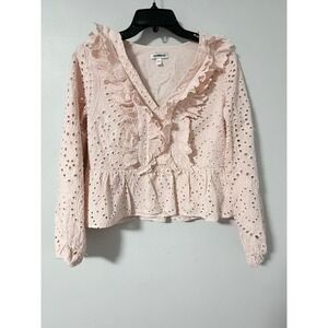 Express Womens Peach Pink Eyelet Ruffle Peplum Blouse Top Long Sleeve V-Neck S